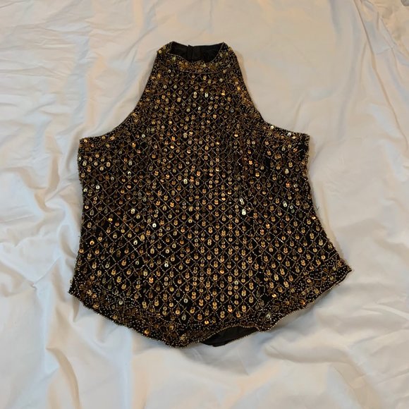Vintage Mark & John by Gopal Black and Gold Sequin/Beaded Halter Top Size L - Picture 2 of 15